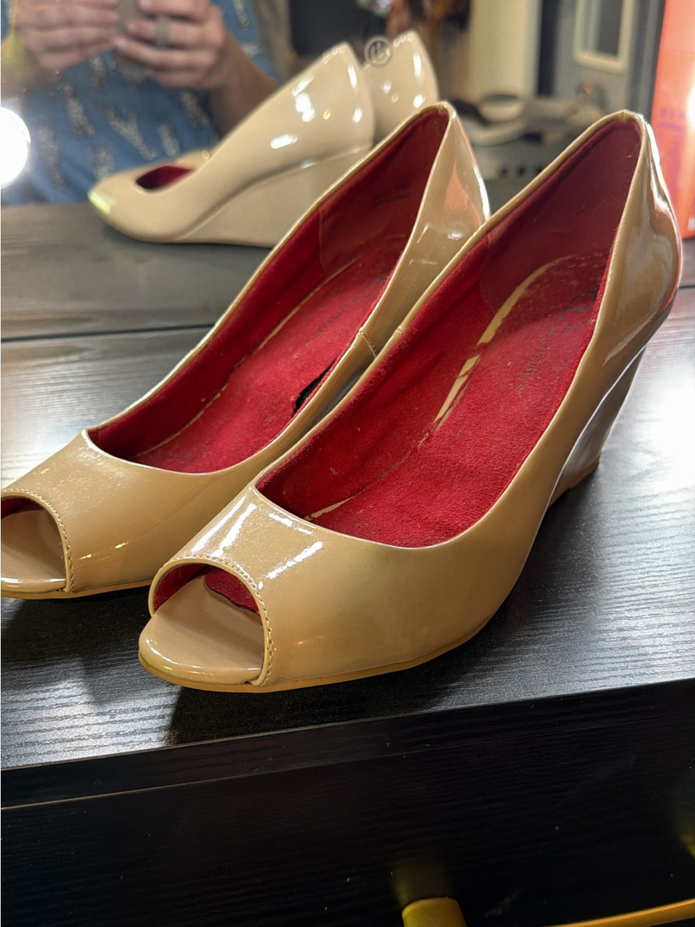 Women's Patent Peep-Toe Wedge Pumps in Beige